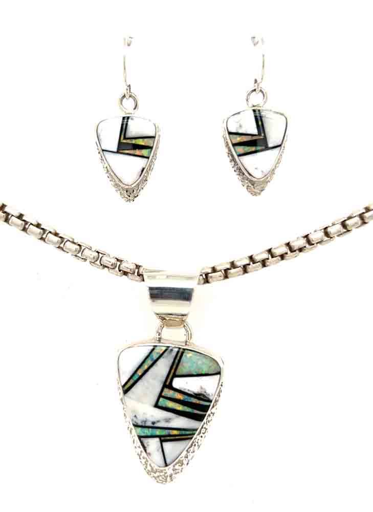 SILVER WHITE BUFFALO, ONYX &amp; OPAL EARRING &amp; PENDANT SET - NAVAJO - CALVIN BEGAY
