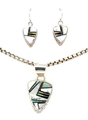 SILVER WHITE BUFFALO, ONYX & OPAL EARRING & PENDANT SET - NAVAJO - CALVIN BEGAY SILVER WHITE BUFFALO, ONYX & OPAL EARRING & PENDANT SET - NAVAJO - CALVIN BEGAY