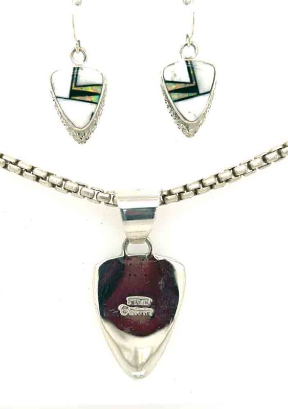 SILVER WHITE BUFFALO, ONYX &amp; OPAL EARRING &amp; PENDANT SET - NAVAJO - CALVIN BEGAY