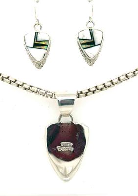SILVER WHITE BUFFALO, ONYX &amp; OPAL EARRING &amp; PENDANT SET - NAVAJO - CALVIN BEGAY