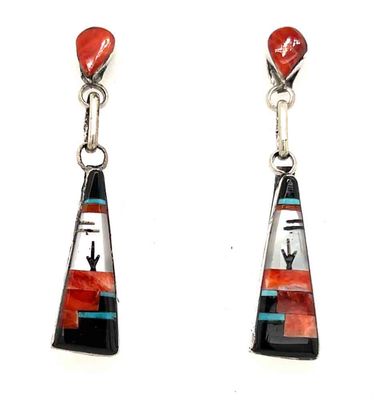 SILVER MULTI-STONE INLAY EARRINGS - ZUNI - JB (JONATHAN BEYUKA) SILVER MULTI-STONE INLAY EARRINGS - ZUNI - JB (JONATHAN BEYUKA)