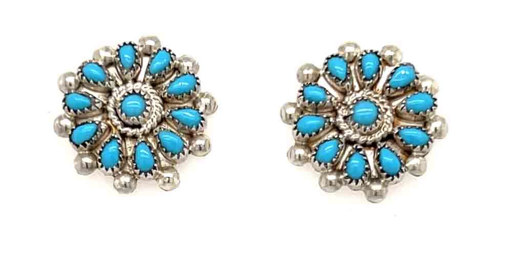 SILVER TURQUOISE FLOWER EARRINGS - ZUNI - BENINA KALLESTEWA