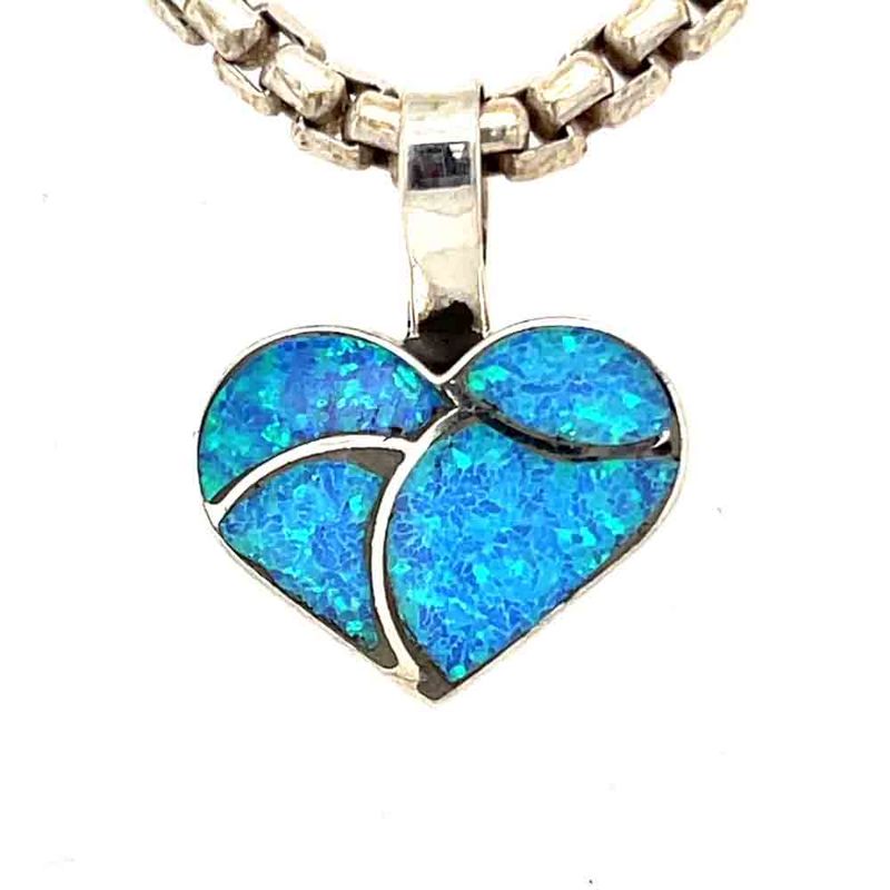 SILVER BLUE OPAL INLAY HEART PENDANT - NAVAJO -LORETTA JOHNSON