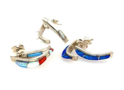 SILVER OPAL INLAY HOOP EARRINGS - ZUNI - JESUE ESPINO SILVER OPAL INLAY HOOP EARRINGS - ZUNI - JESUE ESPINO