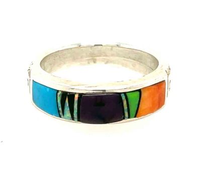 SILVER MULTI STONE INLAY RING - NAVAJO - VALERIE YAZZIE - SIZE 6.5 SILVER MULTI STONE INLAY RING - NAVAJO - VALERIE YAZZIE - SIZE 6.5