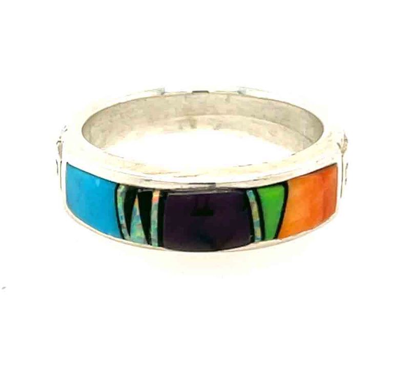 SILVER MULTI STONE INLAY RING - NAVAJO - VALERIE YAZZIE - SIZE 6.5