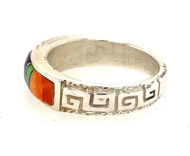 SILVER MULTI STONE INLAY RING - NAVAJO - VALERIE YAZZIE - SIZE 6.5