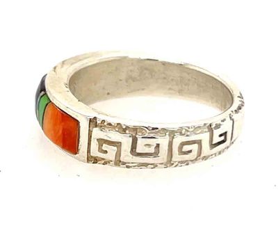 SILVER MULTI STONE INLAY RING - NAVAJO - VALERIE YAZZIE - SIZE 6.5