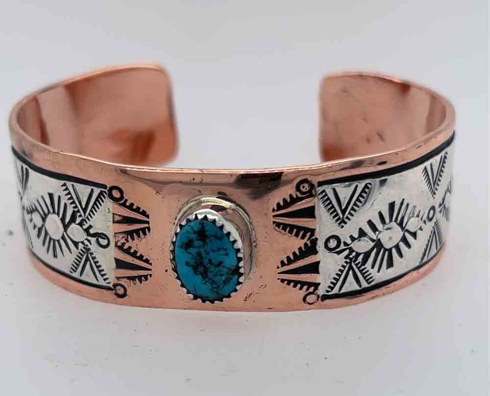 COPPER &amp; SILVER STAMPED TURQUOISE CUFF - NAVAJO - CHARLENE LITTLE