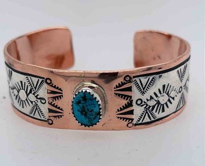 COPPER &amp; SILVER STAMPED TURQUOISE CUFF - NAVAJO - CHARLENE LITTLE