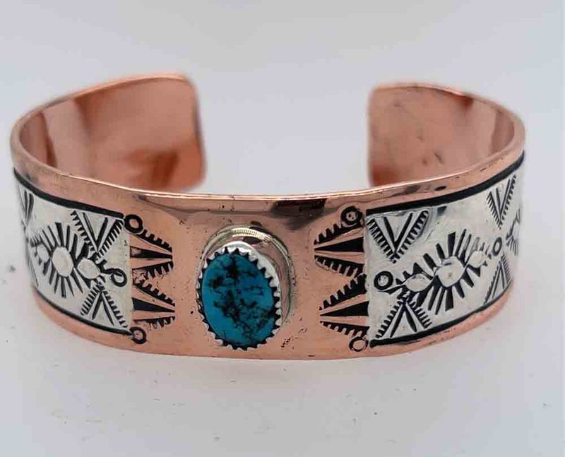 COPPER &amp; SILVER STAMPED TURQUOISE CUFF - NAVAJO - CHARLENE LITTLE