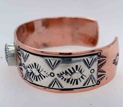COPPER &amp; SILVER STAMPED TURQUOISE CUFF - NAVAJO - CHARLENE LITTLE