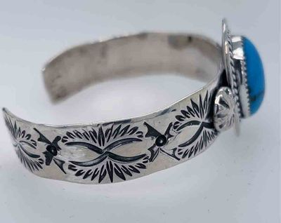 SILVER STAMPED TURQUOISE CUFF - NAVAJO - CHARLENE LITTLE