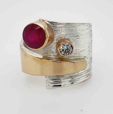 SILVER/14K RUBY &amp; DIAMOND WRAP RING - SIZE 8.5