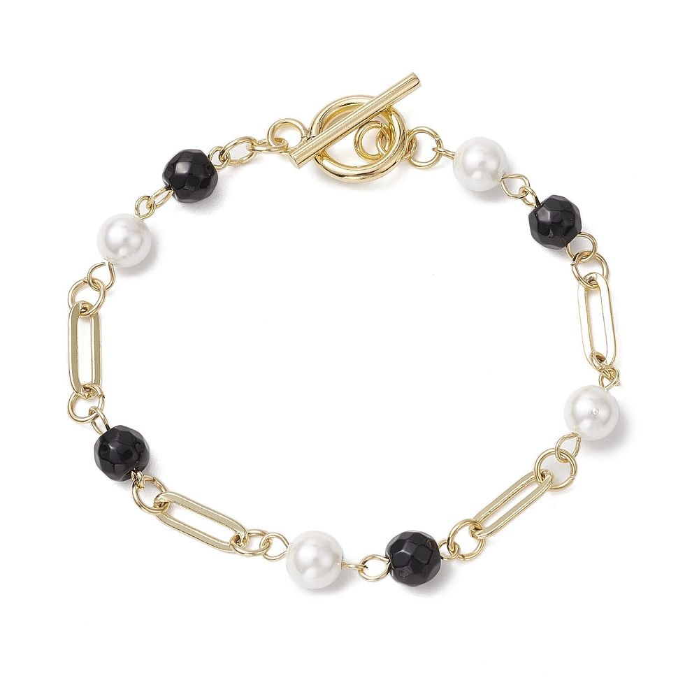 GOLD STAINLESS SHELL PEARL &amp; ONYX PAPERCLIP LINK BRACELET