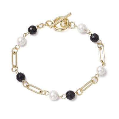 GOLD STAINLESS SHELL PEARL &amp; ONYX PAPERCLIP LINK BRACELET