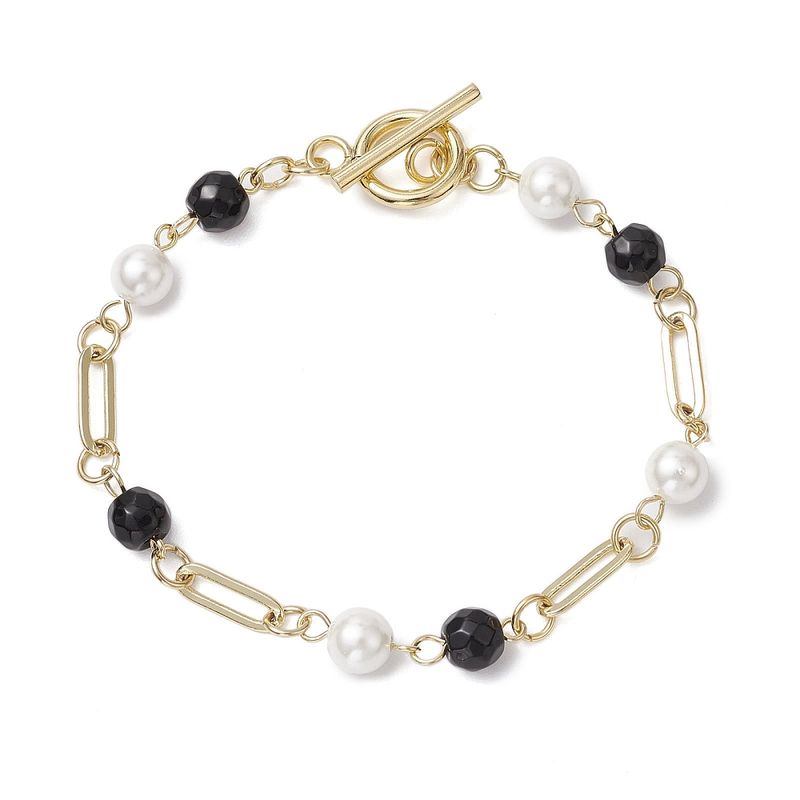 GOLD STAINLESS SHELL PEARL &amp; ONYX PAPERCLIP LINK BRACELET