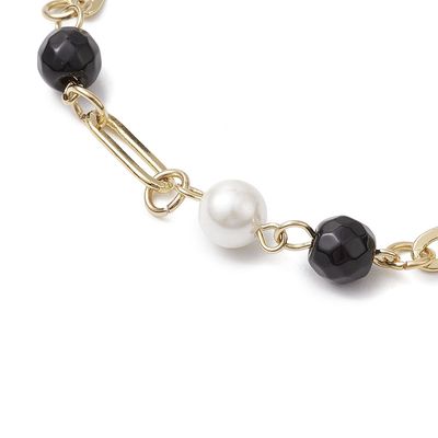 GOLD STAINLESS SHELL PEARL & ONYX PAPERCLIP LINK BRACELET