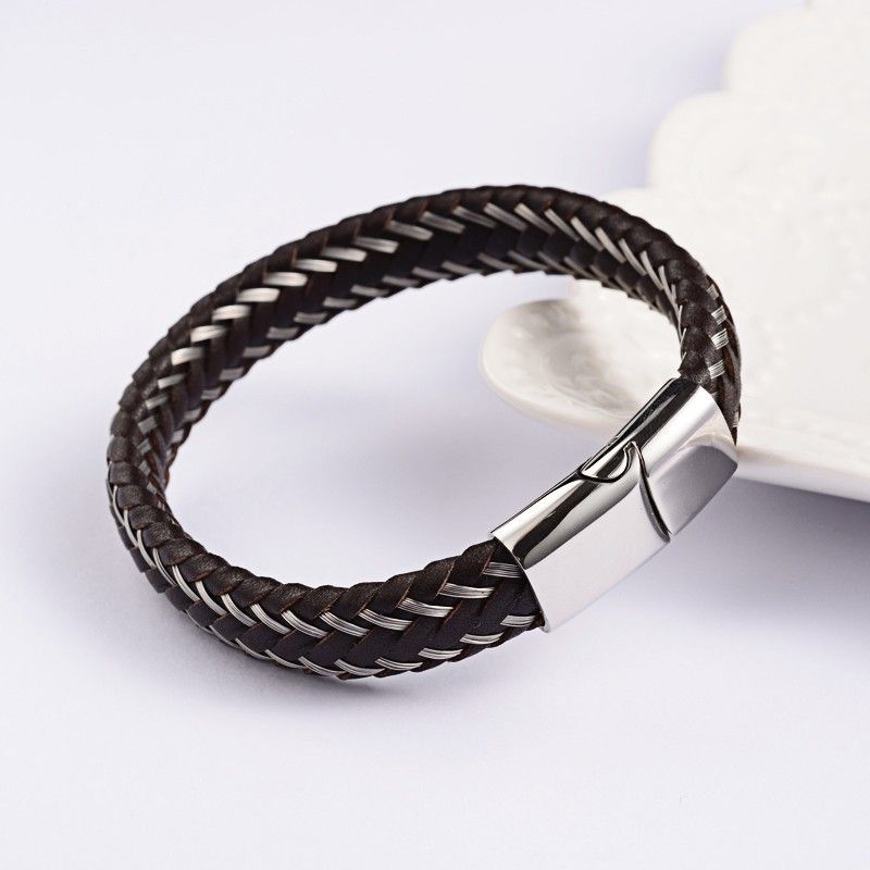 STAINLESS LEATHER &amp; CORD WOVEN BRACELET FJB3C