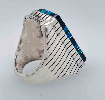 SILVER INLAY ONYX &amp; BLUE OPAL RING - NAVAJO - RAY JACK -SIZE 10