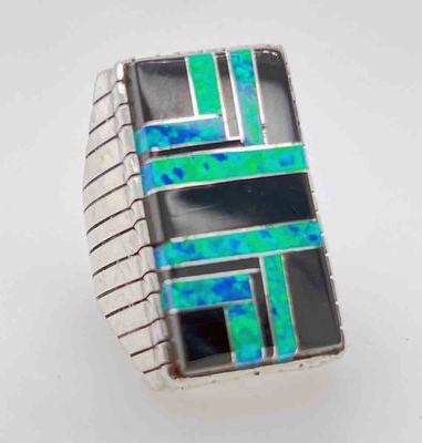 SILVER INLAY ONYX &amp; BLUE OPAL RING - NAVAJO - RAY JACK -SIZE 10