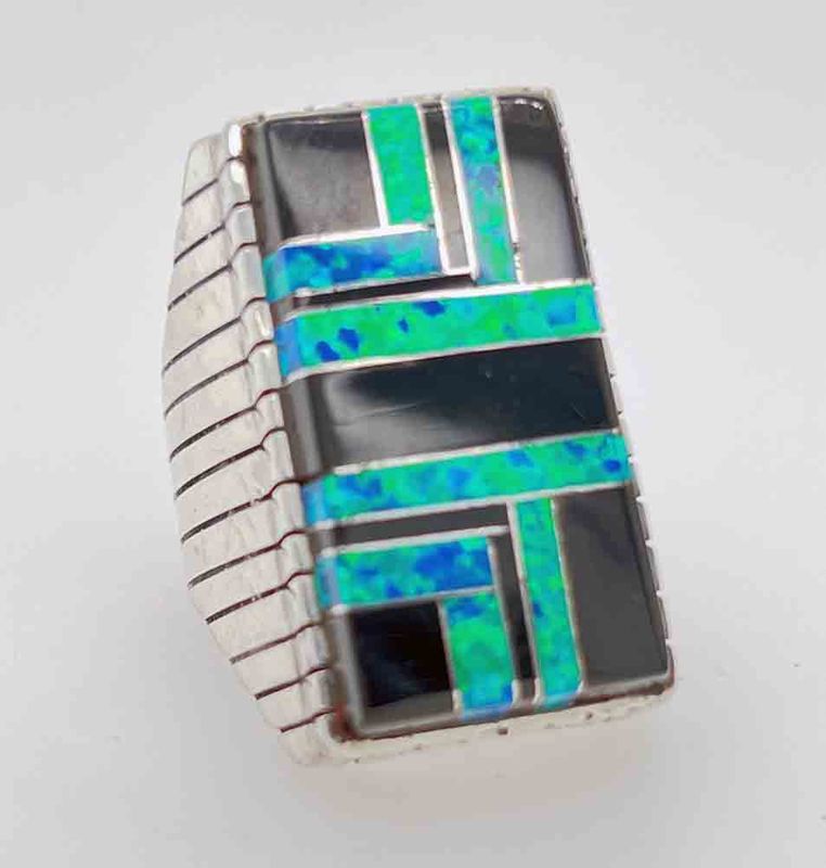 SILVER INLAY ONYX &amp; BLUE OPAL RING - NAVAJO - RAY JACK -SIZE 10
