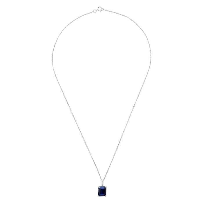 SILVER EMERALD CUT SAPPHIRE &amp; DIAMOND NECKLACE