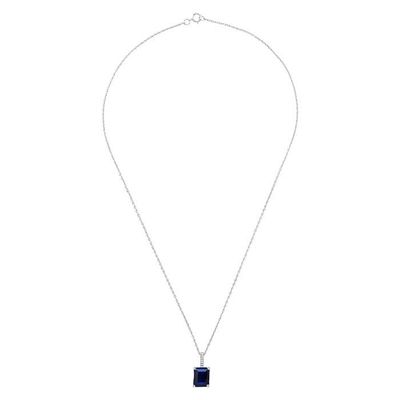 SILVER EMERALD CUT SAPPHIRE &amp; DIAMOND NECKLACE