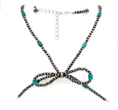 SILVER &amp; TURQUOISE BOW-TIE NAVAJO PEARLS NECKLACE - JAN MARINO
