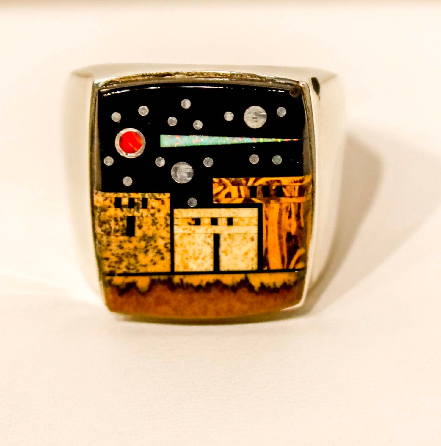 SILVER INLAY PUEBLO RING NAVAJO - CLAYTON TOM - SIZE 13