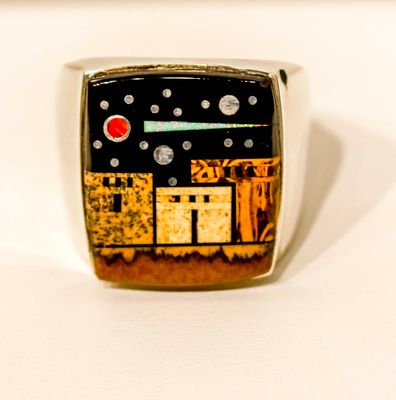 SILVER INLAY PUEBLO RING NAVAJO - CLAYTON TOM - SIZE 13