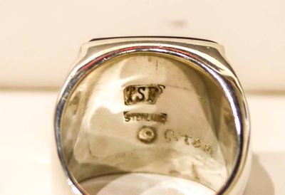 SILVER INLAY PUEBLO RING NAVAJO - CLAYTON TOM - SIZE 13