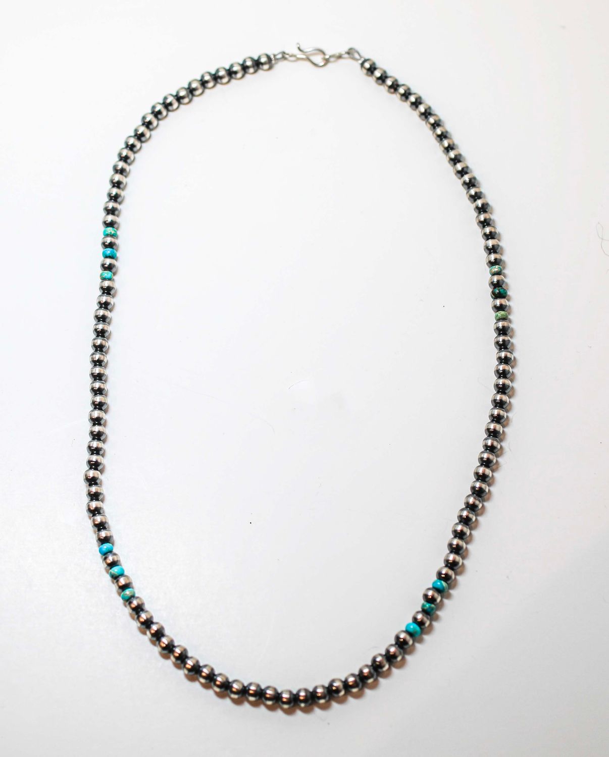 SILVER 5MM 20" NAVAJO PEARL &amp; TURQUIOSE NECKLACE-JAN MARIANO