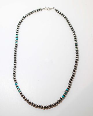SILVER 5MM 20" NAVAJO PEARL &amp; TURQUIOSE NECKLACE-JAN MARIANO