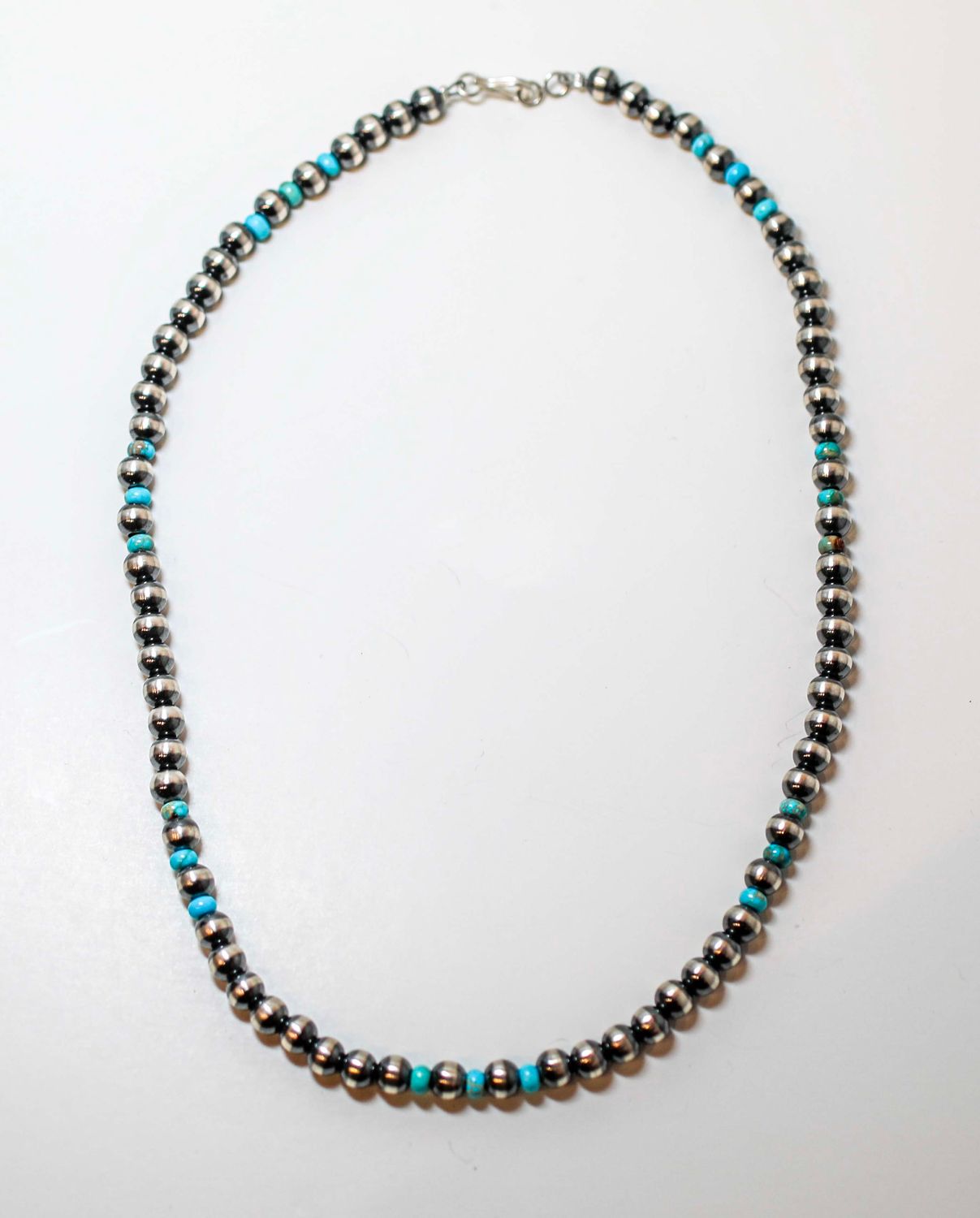 SILVER 6MM 18" NAVAJO PEARL &amp; TURQUIOSE NECKLACE-JAN MARIANO