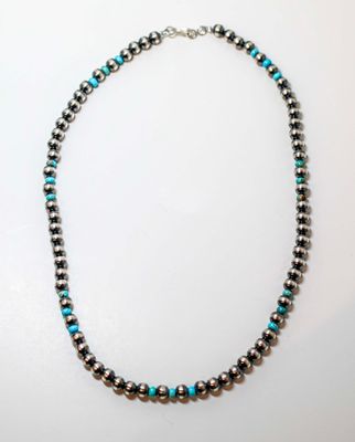 SILVER 6MM 18" NAVAJO PEARL &amp; TURQUIOSE NECKLACE-JAN MARIANO