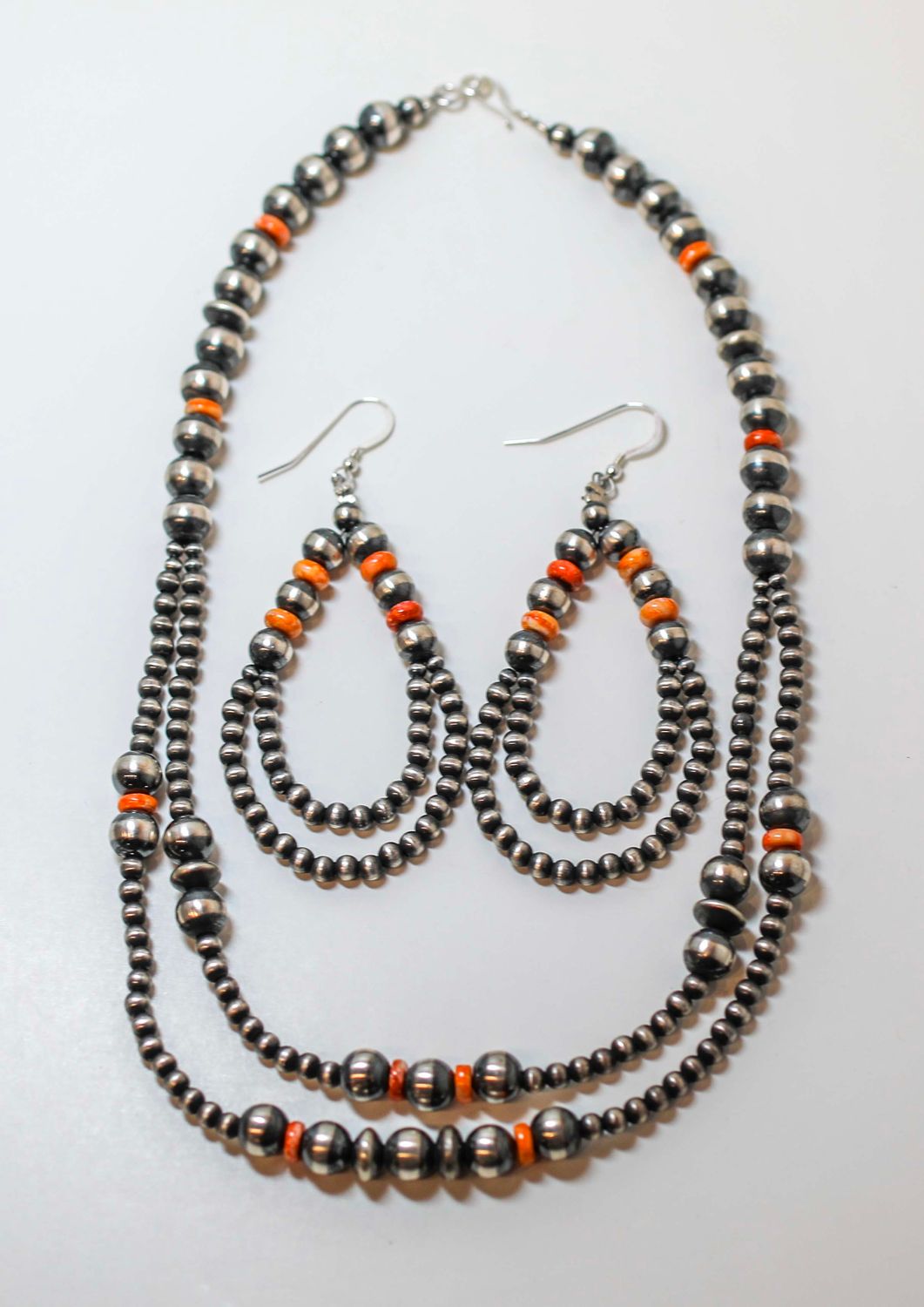 SILVER 16&quot; NAVAJO PEARL &amp; SPINY OYSTER NECKLACE &amp; EARRING SET-JAN MARIANO