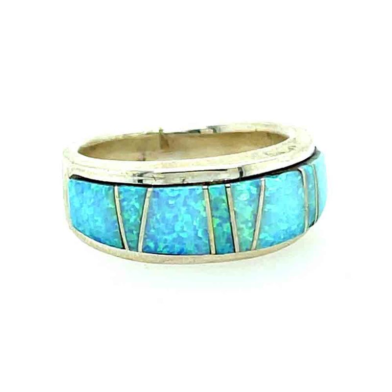 SILVER WHITE OPAL INLAY RING-NAVAJO-JOAN CHARLIE-6.5