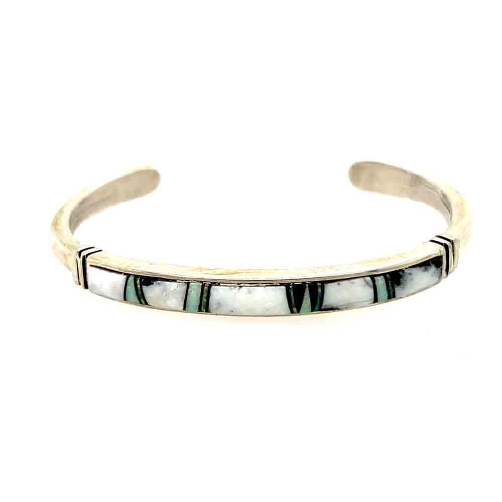 SILVER WHITE BUFFALO &amp; OPAL INLAY CUFF BRACELET-NAVAJO-RICK TOLINO