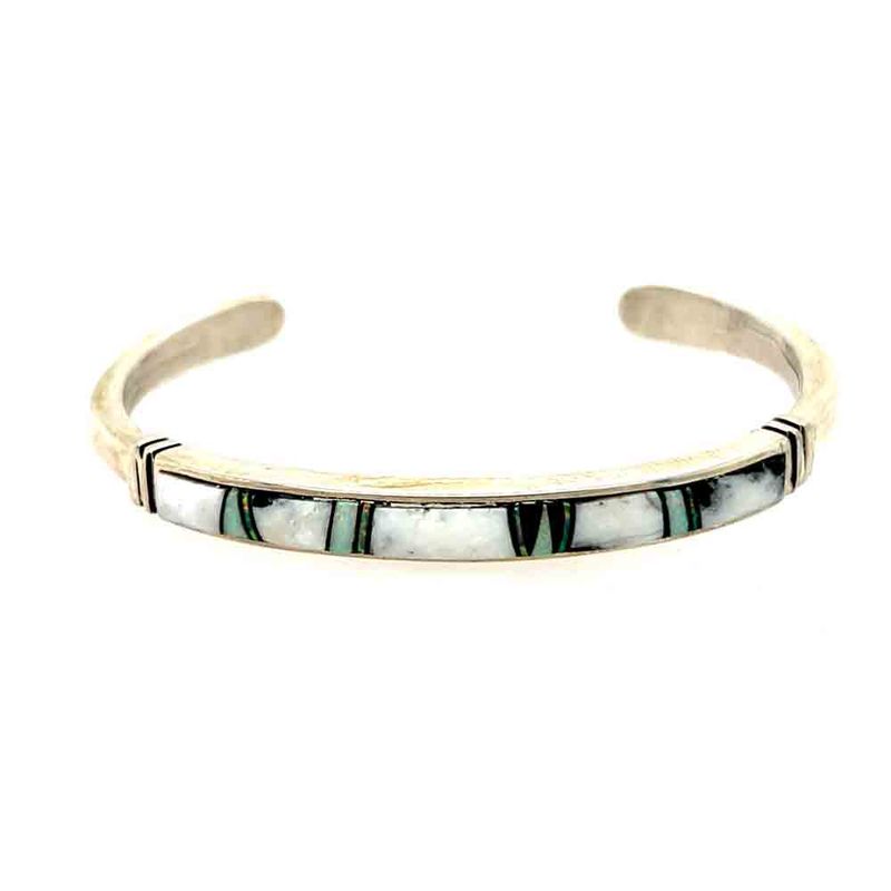 SILVER WHITE BUFFALO &amp; OPAL INLAY CUFF BRACELET-NAVAJO-RICK TOLINO