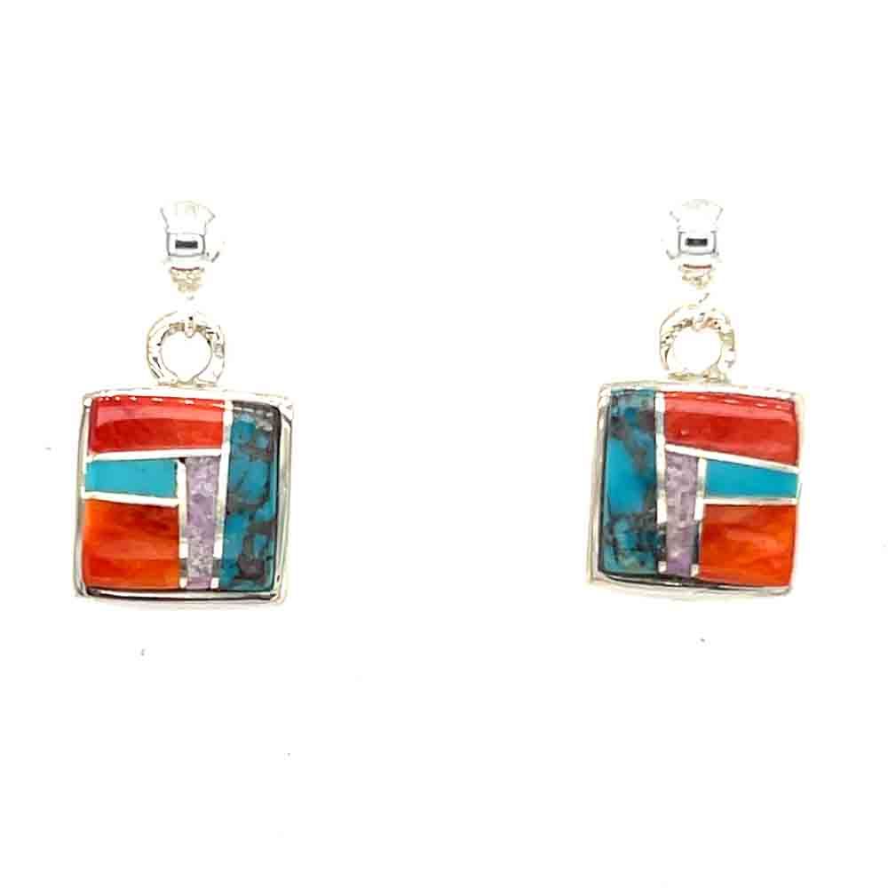 SILVER MULTI STONE INLAY EARRINGS-NAVAJO-ALDORA HENRY