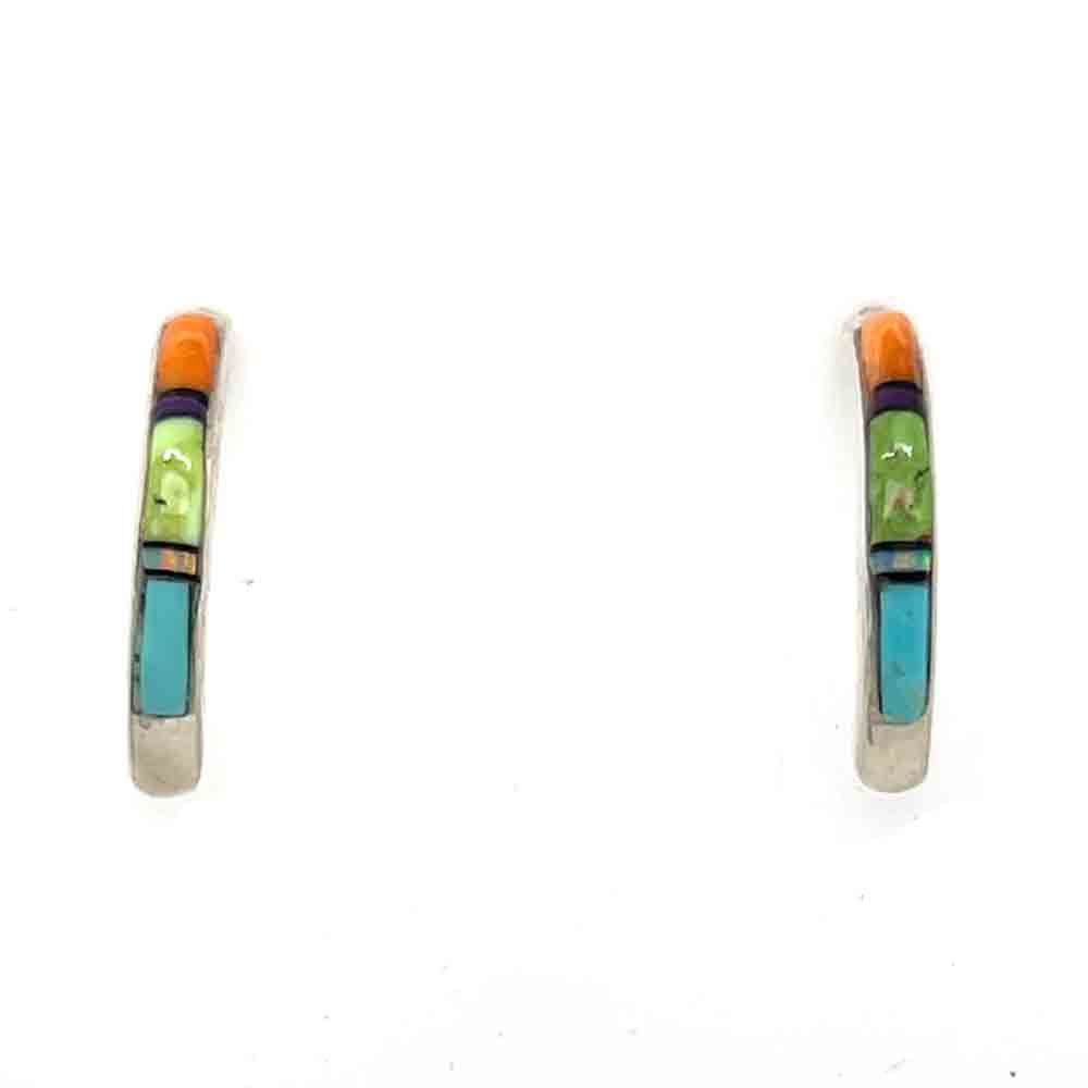 SILVER MULTI STONE 1/2 HOOP EARRINGS-NAVAJO-LAURA LINCOLN