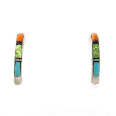 SILVER MULTI STONE 1/2 HOOP EARRINGS-NAVAJO-LAURA LINCOLN SILVER MULTI STONE 1/2 HOOP EARRINGS-NAVAJO-LAURA LINCOLN