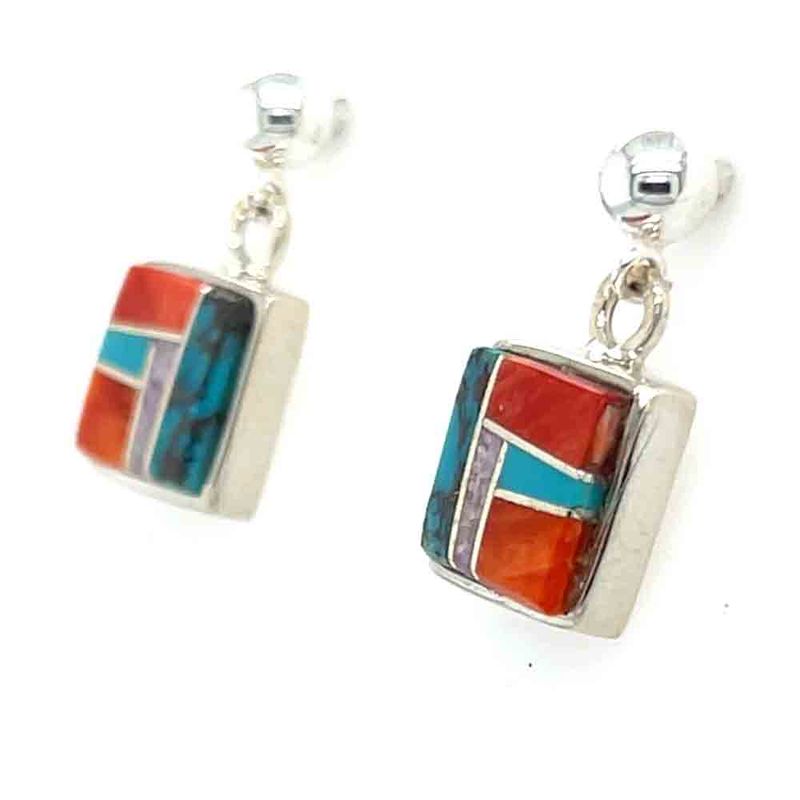 SILVER MULTI STONE INLAY EARRINGS-NAVAJO-ALDORA HENRY