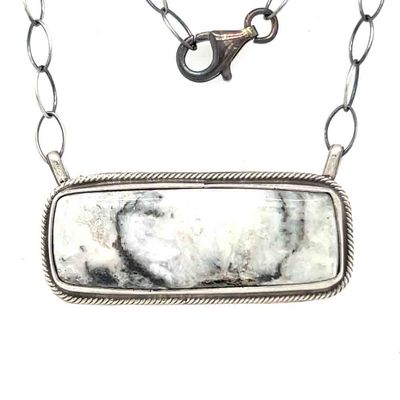 SILVER RECTANGLE WHITE BUFFALO NECKLACE-NAVAJO-ART BROGERMAN