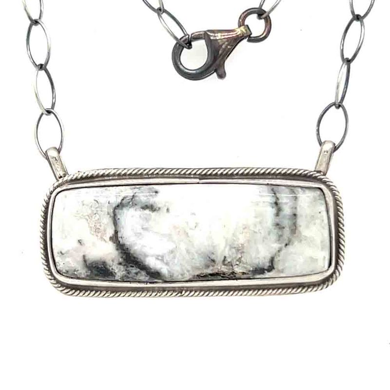 SILVER RECTANGLE WHITE BUFFALO NECKLACE-NAVAJO-ART BROGERMAN