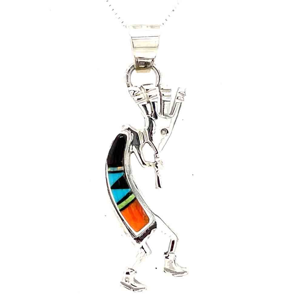 SILVER MULTI STONE KOKOPELLI INLAY NECKLACE-NAVAJO-RICK TOLINO