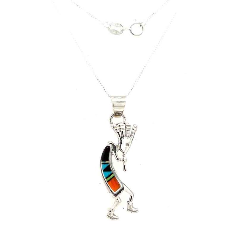 SILVER MULTI STONE KOKOPELLI INLAY NECKLACE-NAVAJO-RICK TOLINO