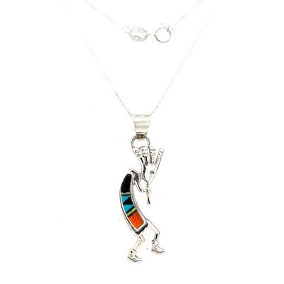 SILVER MULTI STONE KOKOPELLI INLAY NECKLACE-NAVAJO-RICK TOLINO
