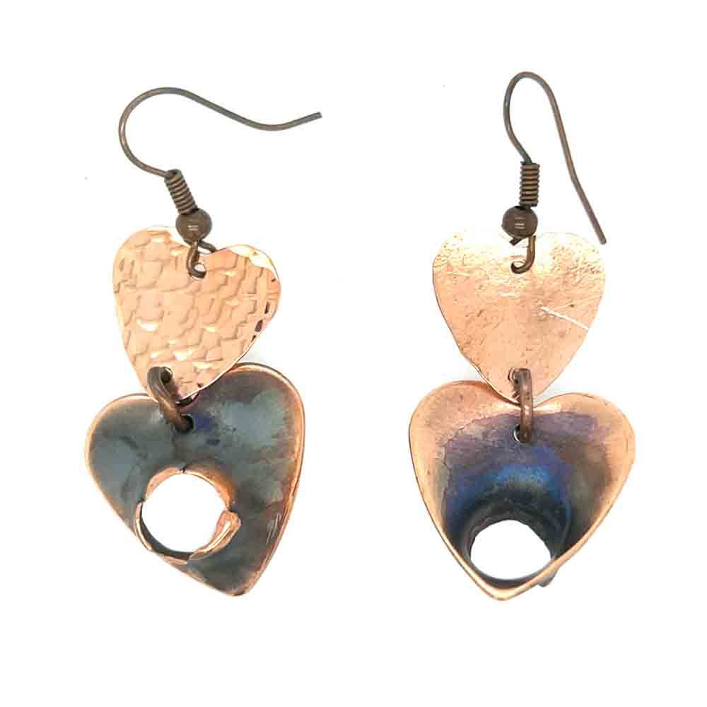 COPPER HEART PUNCH-OUT &amp; HAMMERED OPPOSITE EARRINGS